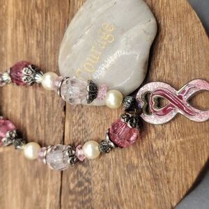 Breast cancer ribbon pink‎ edwardian crystal bulb charm bracelet heart B3104